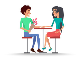 Couple in love boy and girl sitting on chairs at table in cafe vector illustration isolated on white. Male presents bouquet of flowers