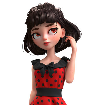 3d cartoon character of a brunette girl with big brown eyes. Beautiful cute  cartoon fashion valentines girl in red dress with black polka dots.  Romantic young woman. 3D rendering on white background.