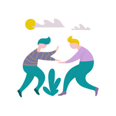 Two Happy Guys Giving Five to Each Other, Male Characters Having Fun, Human Interaction, Friendship, Teamwork, Cooperation Vector Illustration