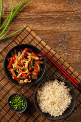 Pork chop with peppers, mushrooms and bamboo. Served with rice.