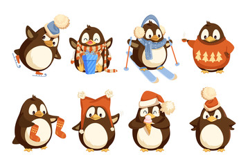 Penguin in winter wearing warm clothes vector north birds. Animal with wings in knitted sweater with pine tree having fun, skiing hobby active, stockings and skate