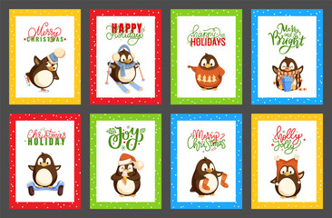 Merry Christmas penguin wearing knitted sweater with pine tree print vector. Hobby skating and skiing, presents and gifts with bows, ribbons decor