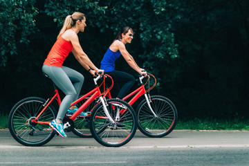 Obraz na płótnie Canvas Women Riding Bikes Together in a Park
