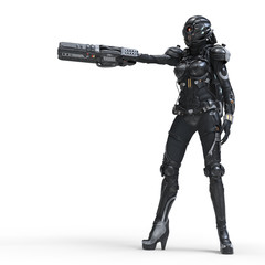 Science fiction cyborg female standing and shooting with gun. Cyborg girl with big gun in one hand. Young Girl in a futuristic black armor suit with a helmet. Shooter. 3D rendering on white background © roman3d