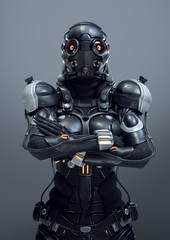 Science fiction cyborg female standing with arms crossed on her chest. Serious Young Girl in a futuristic black armor suit with a helmet. Futuristic soldier concept. 3D rendering on gray background. - obrazy, fototapety, plakaty