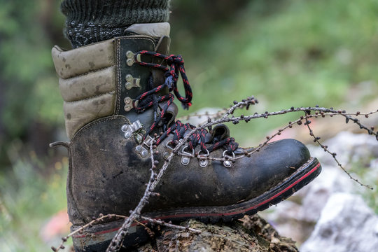 Detailaufnahme eines Bergstifels mit einem L&auml;rchenzweig