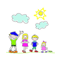 simple children's drawing, friendship, friends on a walk, bright vector sketch