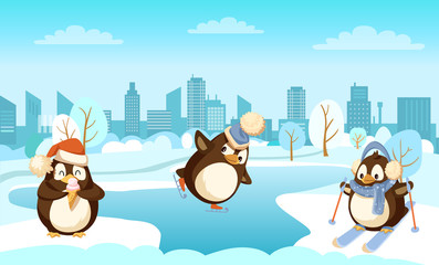 Character with ice-cream and skating penguin in warm hat and animal in earmuffs and hat by ski. Winter activities outdoor near buildings and trees vector