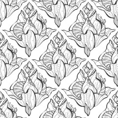 Sewing fabric with seamless floral pattern. hand-drawn black and white ...