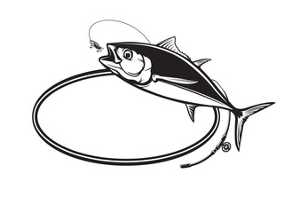 Fototapeta premium Tuna big fishing logo illustration. Tuna fish fishing vector emblem. Blue fin fish marine theme. Angry fish.