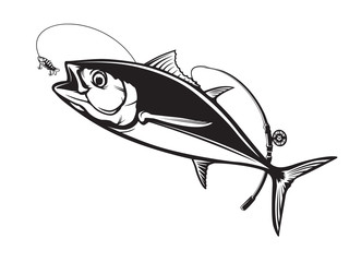 Fototapeta premium Tuna big fishing logo illustration. Tuna fish fishing vector emblem. Blue fin fish marine theme. Angry fish.