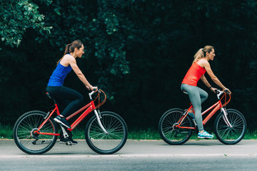Obraz na płótnie Canvas Women Riding Bikes Together in a Park