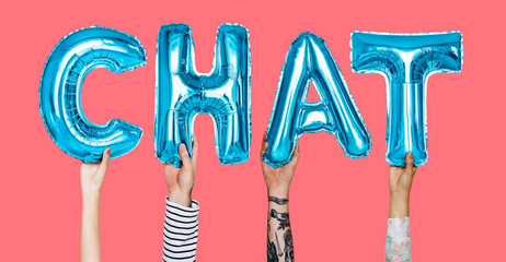 Hands showing chat balloons word