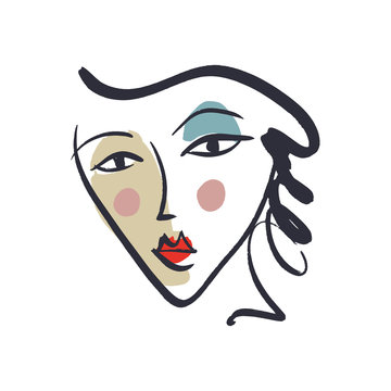 recommend clip art: Vector simple hand drawn black and white trendy line portrait art. Colored print for clothes, textile and other. EPS