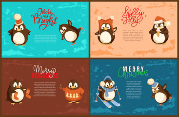 Merry Christmas penguin with scarf skiing character vector. Poster with animal wearing warm clothes. Celebration of winter holiday xmas preparation