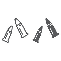 Bullets line and glyph icon, ammo and caliber, ammunition sign, vector graphics, a linear pattern on a white background.