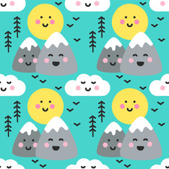 Cute seamless pattern with Kawaii Mountains landscape