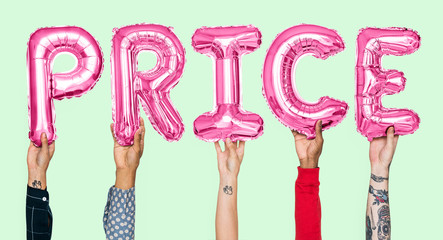 Hands holding price word in balloon letters