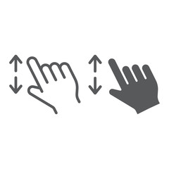 Two fingers zoom in line and glyph icon, gesture and click, hand sign, vector graphics, a linear pattern on a white background.