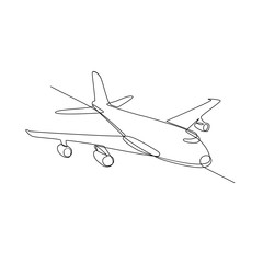 Continuous line illustration of jumbo jet passenger plane airliner or airplane flying in full flight in mid-air done in black and white monoline style.