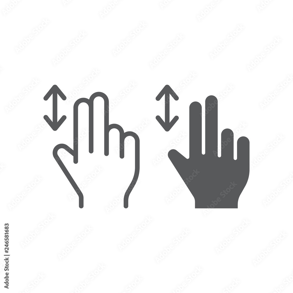 Poster two finger vertical scroll line and glyph icon, gesture and hand, press sign, vector graphics, a lin