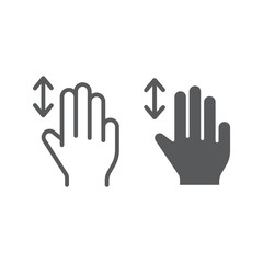 Three fingers vertical scroll line and glyph icon, gesture and hand, flick sign, vector graphics, a linear pattern on a white background.
