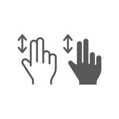 Two finger vertical scroll line and glyph icon, gesture and hand, press sign, vector graphics, a linear pattern on a white background.