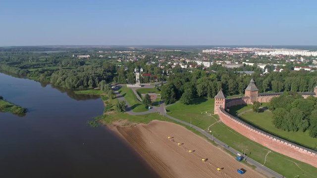 Aerial panorama view on Saint Sophia Cathedral and Novgorod Kremlin, Veliky Novgorod, Russia, 4k