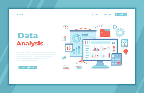 Data Analysis, Accounting, Analytics, Report, Research, Planning. Charts, diagrams, graphs on the monitor screen, projector screen landing page template or web banner.