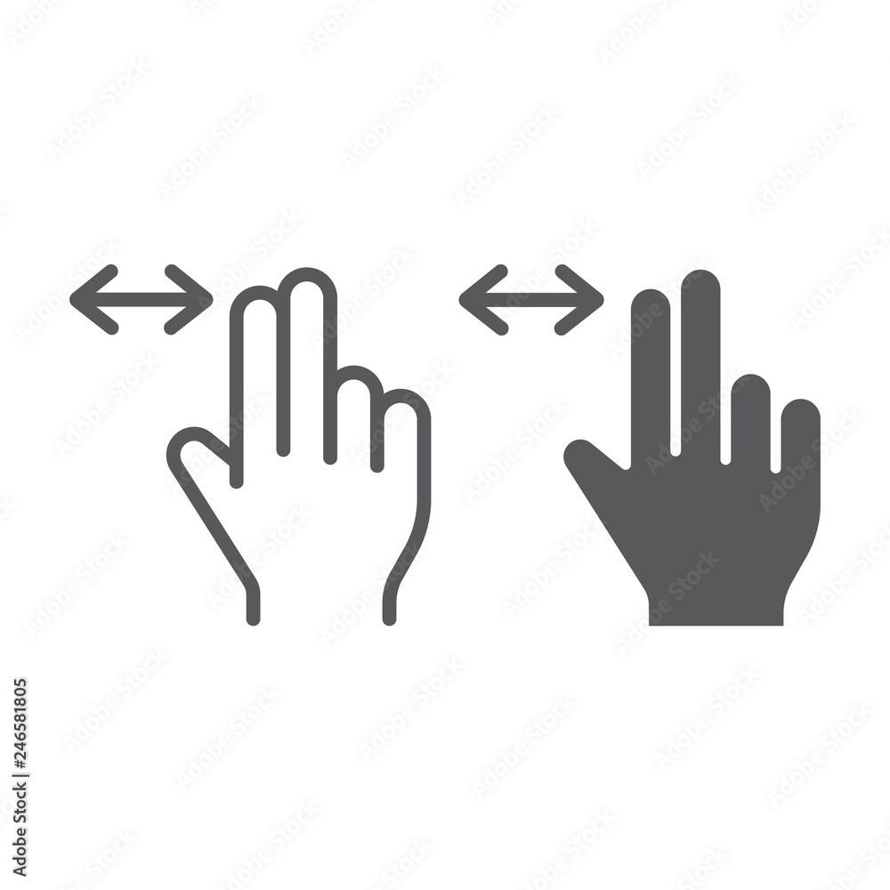 Poster two finger horizontal scroll line and glyph icon, gesture and hand, press sign, vector graphics, a l