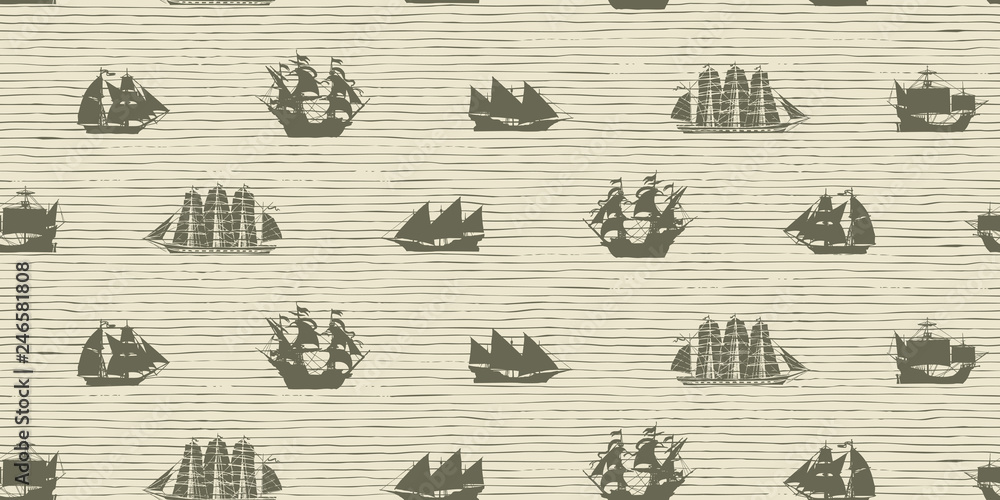 Poster vector seamless background on the theme of sea travel with various sailing ships. sea objects on the