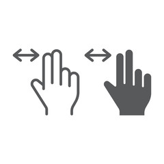 Two finger horizontal scroll line and glyph icon, gesture and hand, press sign, vector graphics, a linear pattern on a white background.