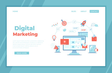 Digital Marketing concept. Landing page template. Business analysis, targeting, management. Social network and media communication. SEO, SEM. Vector illustration. 