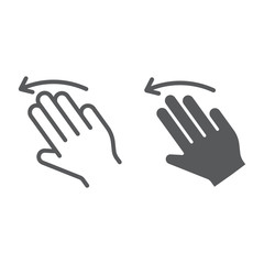 Three fingers flick left line and glyph icon, gesture and hand, click sign, vector graphics, a linear pattern on a white background.