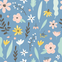 Fototapeta premium Seamless pattern with flowers, leaves and berries. Vector spring template. Design for paper, cover, fabric, interior decor