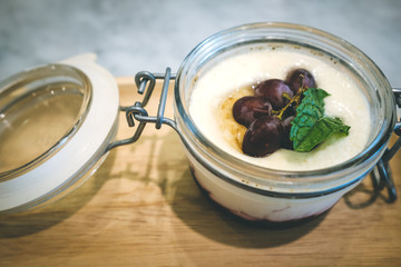 Yogurt Crème Brulee with Fresh Fruit and Blueberry Sauce