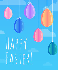Festive Easter card with hanging paper origami eggs, greeting in the sky with clouds.
