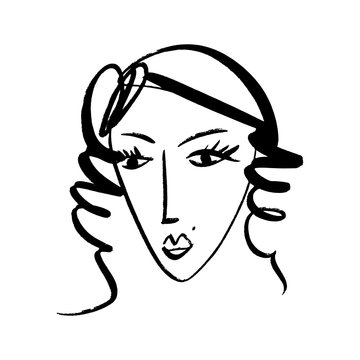 recommend clip art: Vector simple hand drawn black and white trendy line portrait art. Monochrome print for clothes, textile and other. EPS