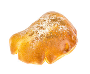 Bun with cinnamon icing sugar on white background