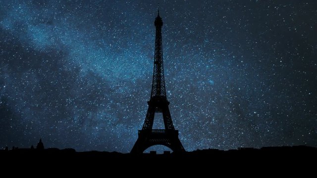 The Eiffel Tower at Night with with Stars and Milky Way in Time Lapse, Paris, France, Europe
