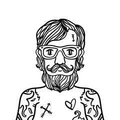 Portrait of handsome stylish casual man hipster with beard. Sketch doodle style illustration. Coloring page element