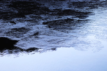 Melting ice. Beautiful winters patterns. Cloudy sky.