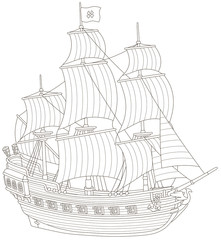 Old sea pirate sailing ship with guns and a flag of Jolly Roger with bones on a main mast, black and white vector illustration in a cartoon style for a coloring book