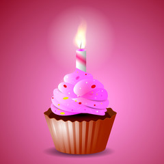 Pink airy cupcake with candles for a holiday. Vector illustration