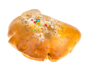 Bun with cinnamon icing sugar on white background