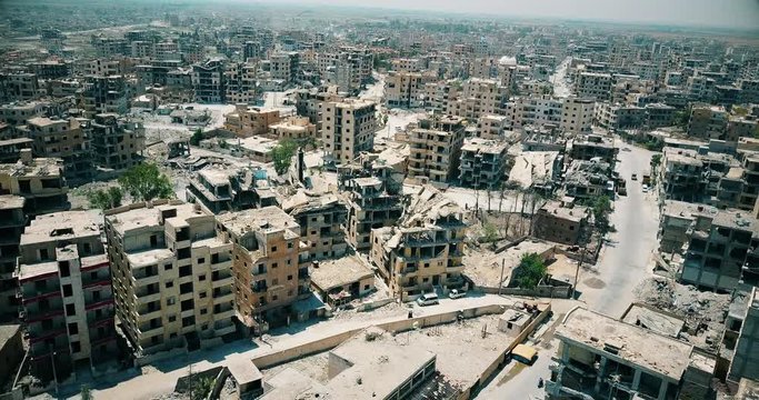 A fly-cam shot from the Syrian city of Raqqa shows the massive destruction