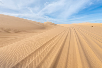 Fototapeta na wymiar Wheel tracks on sandy background. 4wd tyre tracks in white sand dune desert at Mui Ne, Vietnam