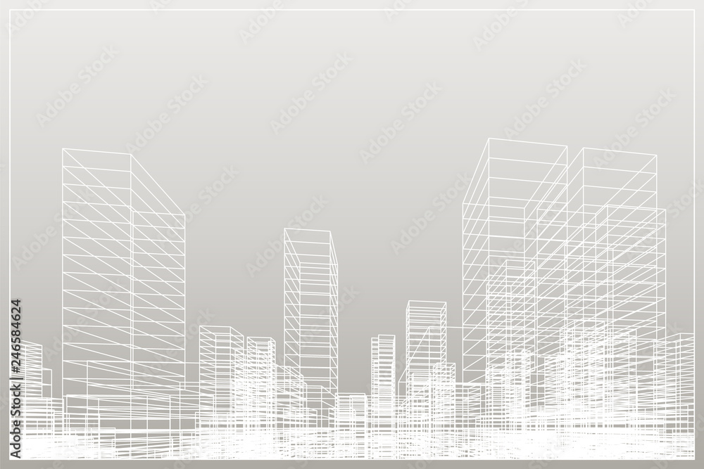 Poster abstract wireframe city background. perspective 3d render of building wireframe. vector.