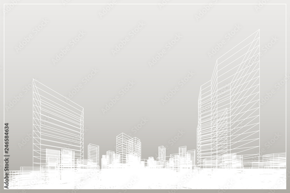 Poster abstract wireframe city background. perspective 3d render of building wireframe. vector.