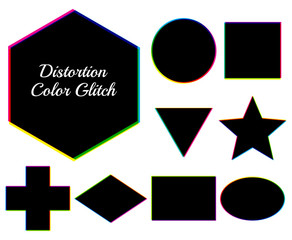 Dark geometric figures with distortion color glitch. Set of vector shapes.